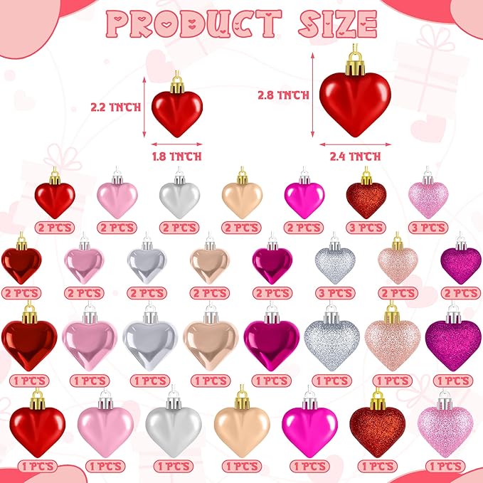 48PCS Valentine's Day Heart Shaped Ornaments - Classic Red Pink Silver Rose Rosegold Colors, Hanging Hearts for Tree Decorations