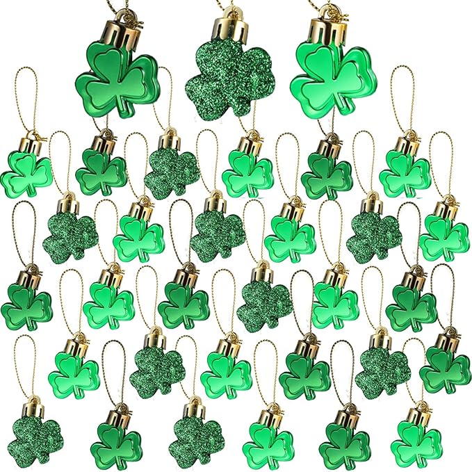 30 PCS St. Patrick's Day Shamrocks Ornament Set, Good Luck Clover Hanging Bauble Trefoil Pendant Decoration for Keyring Tree Shelf Home Decor Irish Festival, 3 Style