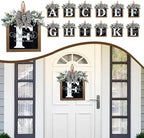 Ultra Large 14'' Last Name All Year Round Front Door Wreath with 26 Initial Letter Welcome Sign All Seasons Eucalyptus Garland and Bow Wreaths for Front Door Porch Farmhouse Decoration (F)