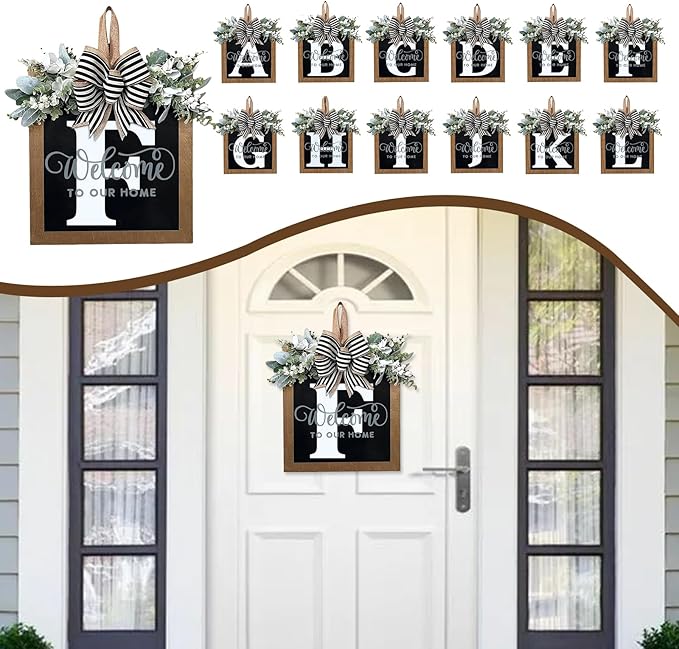 Ultra Large 14'' Last Name All Year Round Front Door Wreath with 26 Initial Letter Welcome Sign All Seasons Eucalyptus Garland and Bow Wreaths for Front Door Porch Farmhouse Decoration (F)