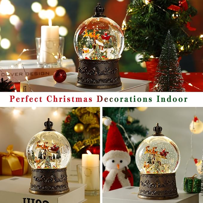 100mm Christmas Snow Globe with Music and Waterfall Effects Featuring Flying Reindeer and Santa Snow Scene Power Options: USB Charging and Battery-Powered(Snow Village)