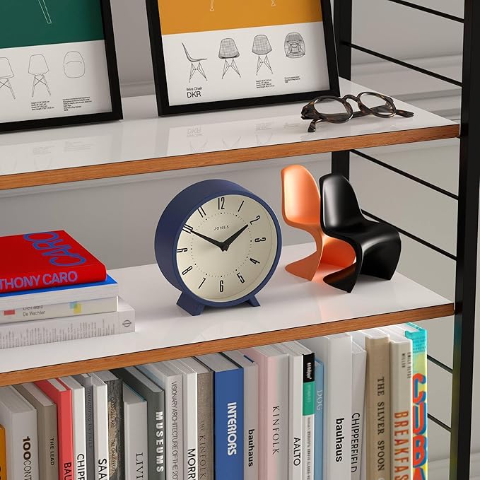 JONES CLOCKS® Venus Desk Clock | Modern Round Design | Blue | Stylish Retro Look for Shelf, Table, Mantel or Bedside