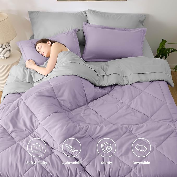 Bedsure Full Size Comforter Set - 7 Pieces Reversible Light Purple Bedding, Full Size Bed Set for All Seasons, Bed in a Bag with Down Alternative Comforter, Sheets, Pillowcases & Shams