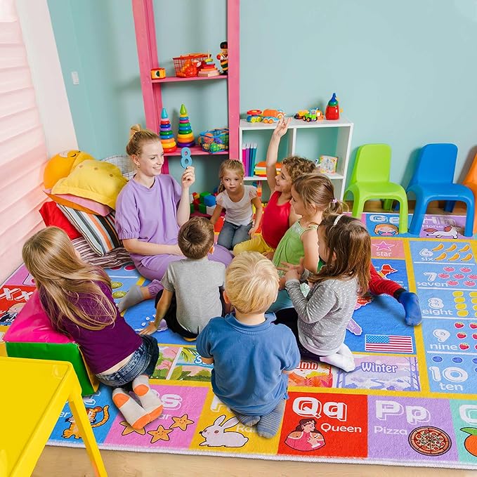Kids Rugs for Playroom - Soft & Non-Slip 4x5 Feet Educational Rug for Learning ABC Alphabet, Numbers, Shapes & Map, Washable Classroom Rug for Toddler Nursery & Kids Room Decor