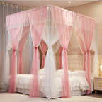 4 Corners Post Princess Curtains Bed Canopy for Girls 8 Panels Curtain- Double Layer Sheer Mesh Canopies Drapes Girls Room Decor (8P-Pink/White, 4P(33"x82") W+4P(43"x82") L/(Queen))