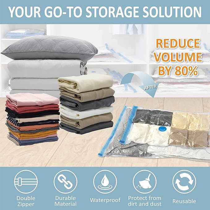 8 Pack Vacuum Storage Bags, Space Saver Bags (2 Jumbo/2 Large/2 Medium/2 Small) Compression Storage Bags for Comforters and Blankets, Vacuum Sealer Bags for Clothes Storage, Hand Pump Included
