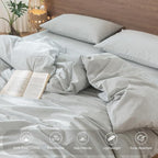 MooMee Striped Duvet Cover Set 100% Washed Cotton Linen Like Textured Breathable Durable Soft Comfy (Heathered Green Pinstripes, King 104"x90")