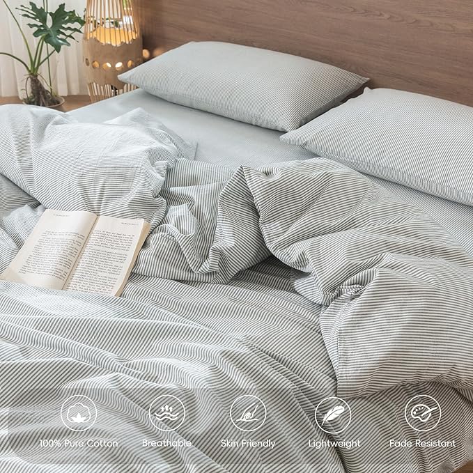 MooMee Striped Duvet Cover Set 100% Washed Cotton Linen Like Textured Breathable Durable Soft Comfy (Heathered Green Pinstripes, Super King 108"x98")