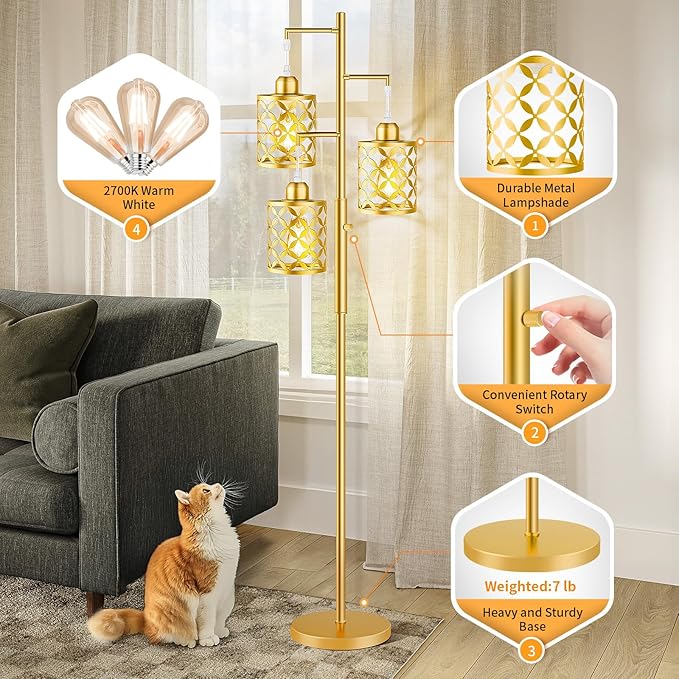 【Upgraded】72" Tall Dimmable Floor Lamp, Modern Standing Lamp with Elegant Metal Cages, Industrial Tree Floor Lamps for Living Room, Bedroom, Study Room, Office (3 x 800LM LED Bulbs Included) - Gold