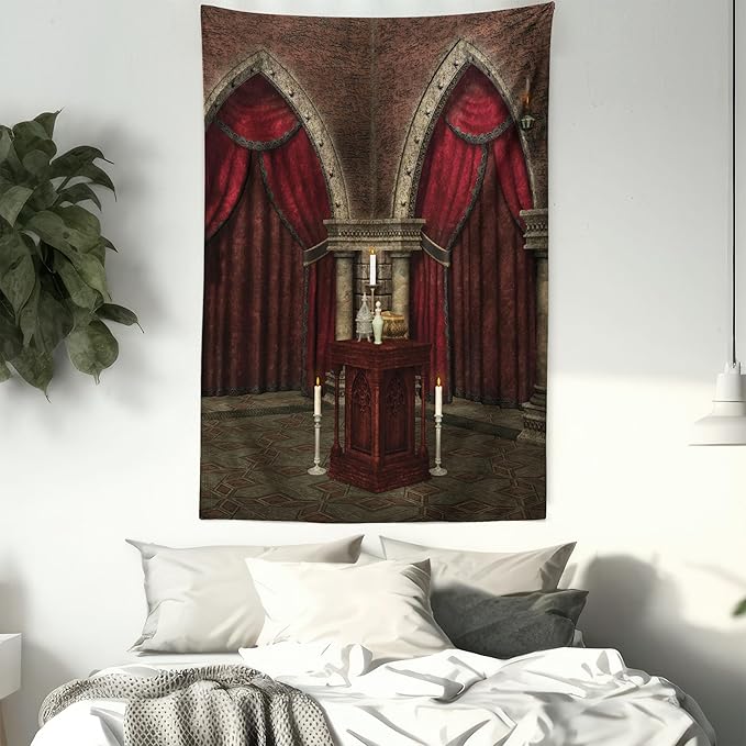 Ambesonne Gothic Tapestry, Mysterious Dark Room in Castle Pillars Candles Atmosphere Pattern, Wall Hanging for Bedroom Living Room Dorm Decor, 40" X 60", Red Black