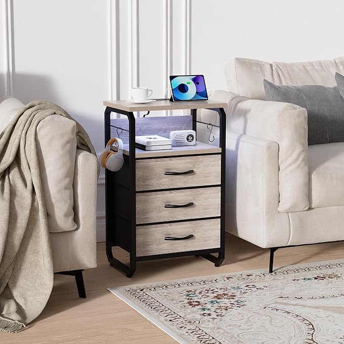 Night Stand Set 2 with LED Lights, Nightstands with Power Outlets and Type C Port, Large End Tables with 3 Fabric Drawers, Matching Bedside Table with Storage for Dorm, Living Room, Greige