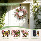 Solar Spring Wreath for Front Door Pre-lit 24inch 50LED Wreaths Spring Decorations for Home Outside Aftificial Pink Flower Wreaths Summer Decor Wreath for Wall Festival Decor(2402)