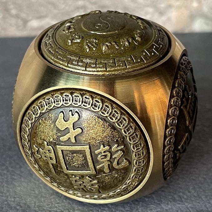 Brass Lucky Ball 6 Sides Rotatable Feng Shui Ornament Wealth Statue Treasure Ball Fengshui Sculpture Chinese Traditional Home Decor (G1 Large Lucky Ball)
