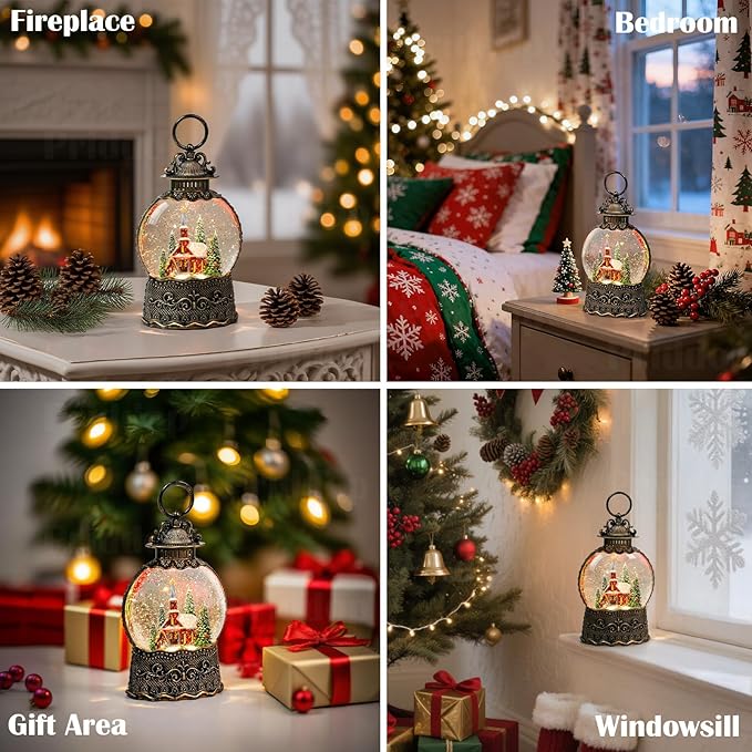Village Snow Globe Christmas Decorations Indoor Church Snowman Snow Village Scene Gifts Classic Relief Texture Musical Glitter Snowfall USB/Battery Timer Lantern 10.6 inch