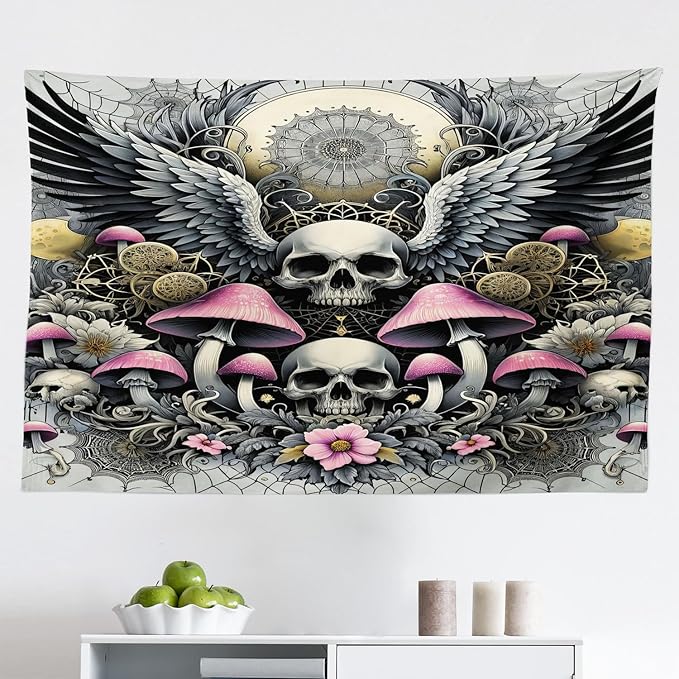 Ambesonne Gothic Tapestry, Blushy Mushrooms and Wingy Skull with Lace and Cactus Flowers Art Boho, Fabric Wall Hanging Decor for Bedroom Living Room Dorm, 45" X 30", Pink Grey Yellow Mustard