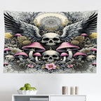 Ambesonne Gothic Tapestry, Blushy Mushrooms and Wingy Skull with Lace and Cactus Flowers Art Boho, Fabric Wall Hanging Decor for Bedroom Living Room Dorm, 45" X 30", Pink Grey Yellow Mustard