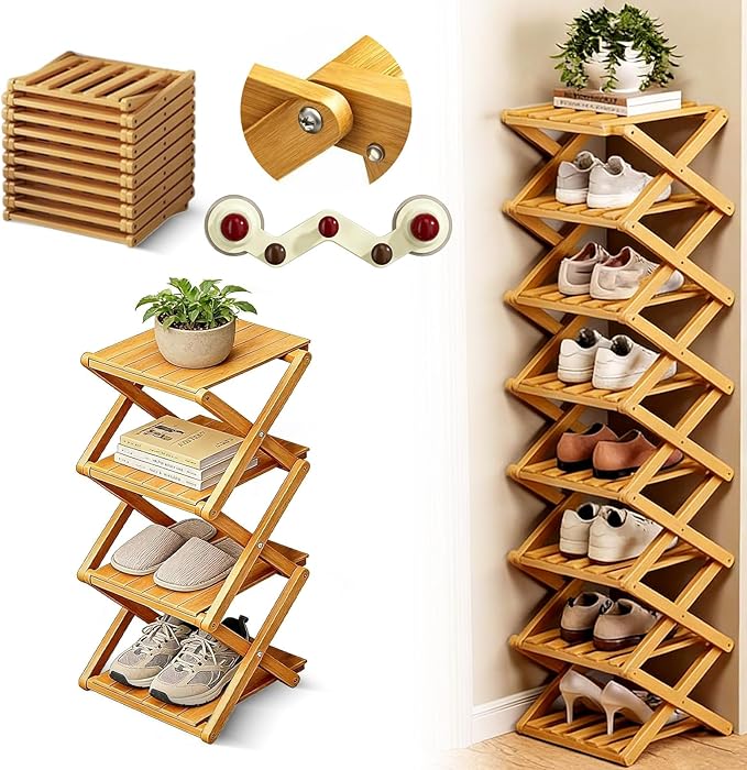 The 9-Tier No-Assembly Bamboo Rack, 2026 Upgraded Foldable 9 Tier Bamboo Corner Shoe Rack, Space-Saving Organizer for Shoes, No Assembly Narrow Shoe Shelf for Entryway Closet Dorm (Yellow, 4 Layers)