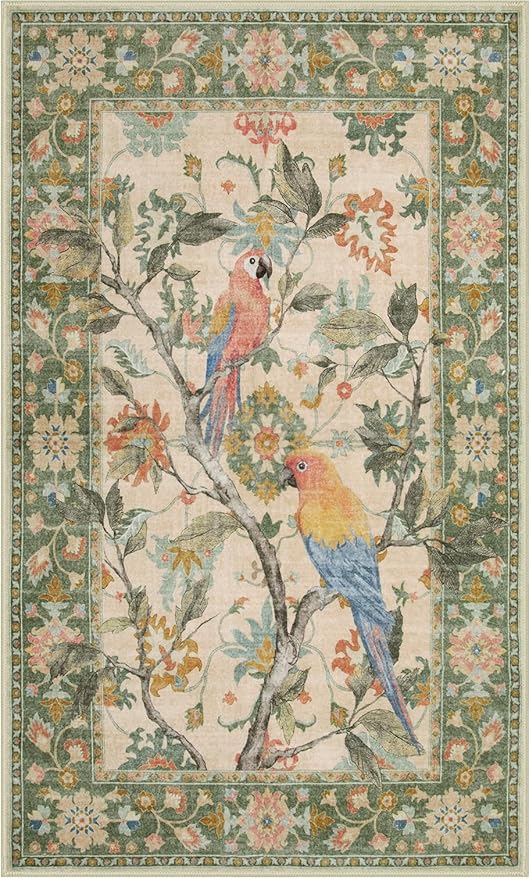 Lahome Botanical Birds 3x5 Green Washable Kitchen Rugs for Bathroom, Boho Entryway Rug for Bedroom, Vintage Soft Non Slip Indoor Carpet for Living Room Front Door (3x5ft,Green)