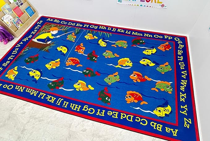 KIDCARPET.COM Lazy River Fishing Rectangle Classroom Rug | Bordered Area Rug for Preschool Daycare Learning, 7'6" x 12'