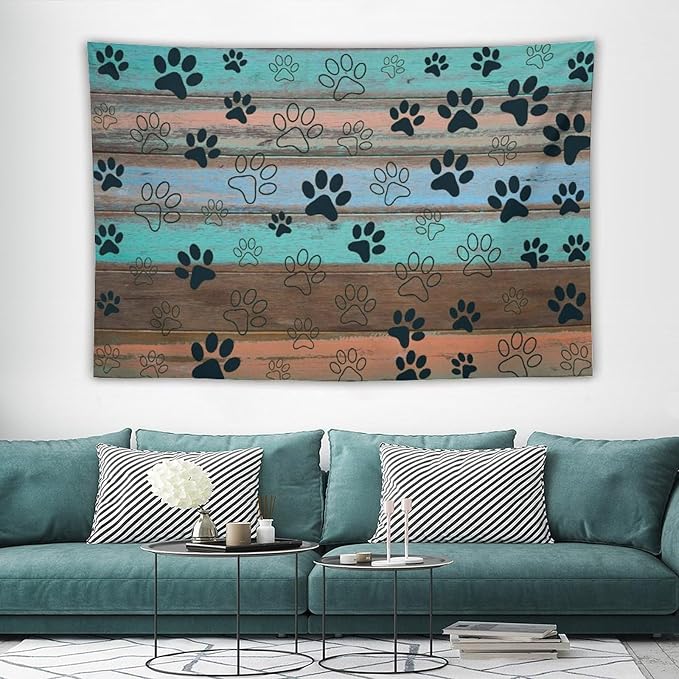 VUMIVI Dog Paw Print Tapestry Rustic Farmhouse Vintage Wood Paneling Home Decor Tapestry Wall Hanging for Living Room Bedroom Dorm Classroom Aesthetic Decor W60xL40in