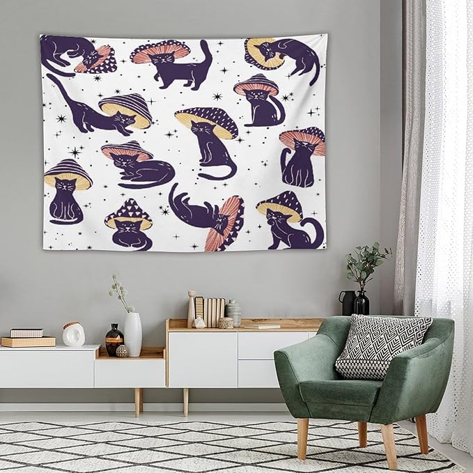 VUMIVI Funny Cat Mushroom Tapestry Retro 70s Hippie Style Cute Black Kitten Star Aesthetic Art Print Tapestry Wall Hanging for Living Room Bedroom Dorm Classroom Aesthetic Decor W80xL60in