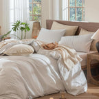 MooMee Striped Duvet Cover Set 100% Washed Cotton Linen Like Textured Breathable Durable Soft Comfy (White Cornflower Blue Wide Stripes, Oversized King Plus 128"x120")