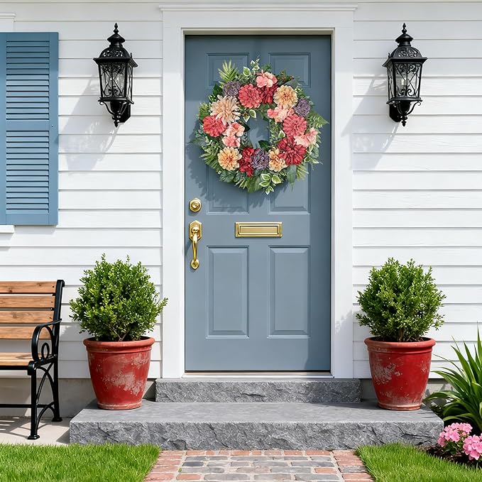 24-Inch Spring Wreath for Front Door with Hydrangeas Dahlias Daisy Silk Flowers and Berry Greenery for All Seasons Indoor Outdoor Wedding Farmhouse Porch Wall Living Room Home Wedding Decor