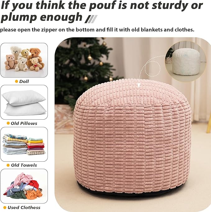 Round Stuffed Pouf Ottoman for Foot Rest, Storage Ottoman Pouf Foot Stool Cushion, Faux Fur Poufs with Foam Chunk Filling, 20 X 15 Inch Floor Chair for Living Room Bedroom Home Decor, Pink