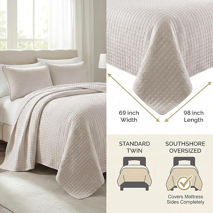 Southshore Fine Living, Inc. Twin Quilt Bedding Set, Soft Brushed Microfiber XL Twin Bedspread Coverlet, Stain & Pet Hair Resistant Bedding, XL Bedspread with Matching Pillow Sham, Natural Beige