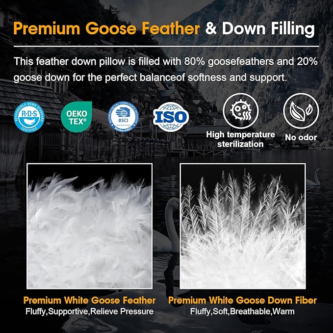 Ivellow White Goose Feather Pillows Queen Size Set of 2 Hotel Down Bed Pillows for Sleeping Soft 600TC 100% Cotton Cover Medium Firm Cloud Soft Breathable Fluffy Pillow for Back Side Stomach Sleepers