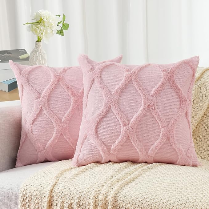 decorUhome Spring Throw Pillow Covers 18x18 Inch Set of 2, Soft Plush Faux Fur Wool Light Pink Couch Pillow Covers, Decorative Neutral Pillow Cases for Bed Sofa Living Room Valentines Decor