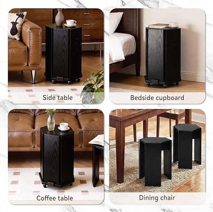 2-Pack Stackable Stools with Wheels | 18 Inch Nesting Side Tables for Living Room| Stackable Coffee Table | Wooden Chairs | No Tools Assembly |Side Coffee Tables for Easy Storage (Black)