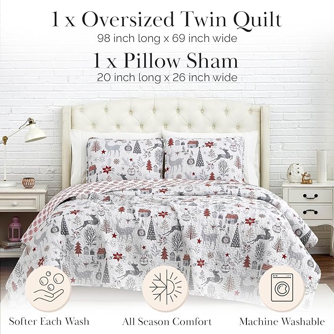 Southshore Fine Living, Inc. Holly Jolly Christmas Quilt Comforter, Holiday Bedding Set 2-Piece Oversized Christmas Bedding Quilt Set with Quilted Shams, Twin/Twin XL