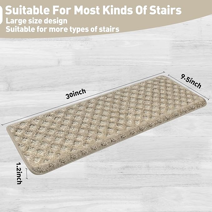 PURE ERA Bullnose Carpet Stair Treads Tape Free Non-Slip Indoor Stair Protectors Pet Friendly Stair Treads for Wooden Steps 9.5" x 30"(2 Pieces,Cream Gray Mini-Diamond Trellis)