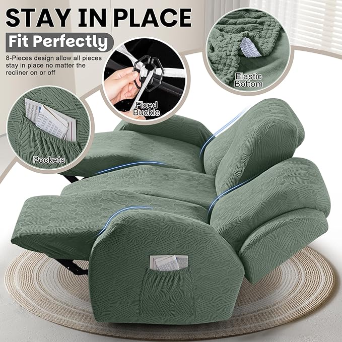 VANSOFY Recliner Couch Cover, 8-Pieces Stretch Recliner Sofa Cover Soft Jacquard Reclining Slipcover Furniture Protector with Elastic Bottom for Kid, Pets(3 Seat,Bean Green)