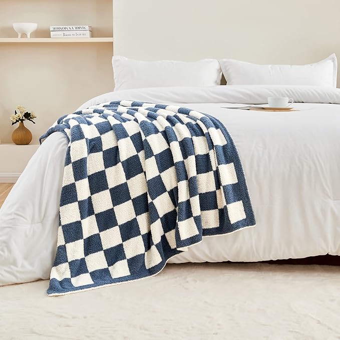 CozeCube Super Soft Fullfy Microfiber Reversible Knitted Blankets, Warm Cozy Fuzzy Plush Throw, Checkered Throw Blanket for Couch Bed Sofa, Dusty Blue and White, 60" x 80"