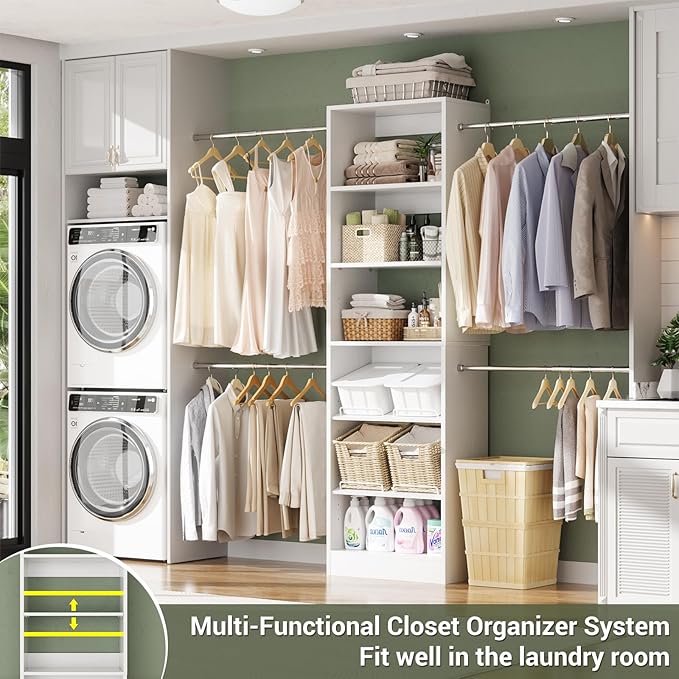 Unikito Closet System, 4-8Ft Wood Closet Organizer Starter Kit with Tower and 4 Extendable Hanging Rods, Walk-in Closet Organizer Wardrobe Clothes Rack with Adjustable Shelves, Garment Rack, White