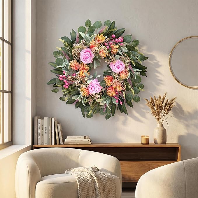 24 Inch Wreath for Front Door Spring Wreath with Purely Handmade Roses, Rose Leaves, Big Berries, Flocking Protea, Home Indoor Outdoor Wall Festival Farmhouse Holiday Decor Year Round