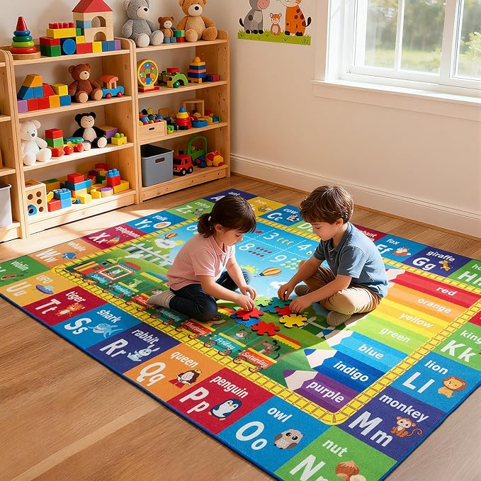ST. BRIDGE Educational Kids Rug for Playroom 3x5 Feet, Non Slip Play Mat with ABC Alphabet, Numbers & Animals for Toddler Preschool Nursery Classroom, Soft Washable Area Rug for Early Learning