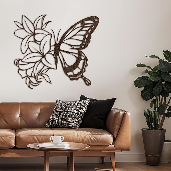 SIGNLEADER Metal Wall Art Decor Butterfly and Flowers Minimalist Modern Abstract Wall Sculpture Hangings Home Decoration for Living Room, Bedroom, Bathroom, Kitchen, Outdoor - 36" Bronze
