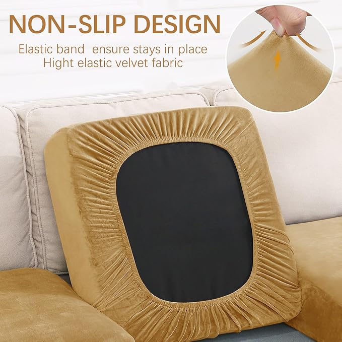 hyha Velvet Couch Cushion Covers, Soft Sofa Seat Covers for sectional 3 Cushion Couch Washable, Magic Sofa Slipcover with Elastic Bottom, Non-Slip Furniture Protector for Pets, Kid(3PC, Camel)
