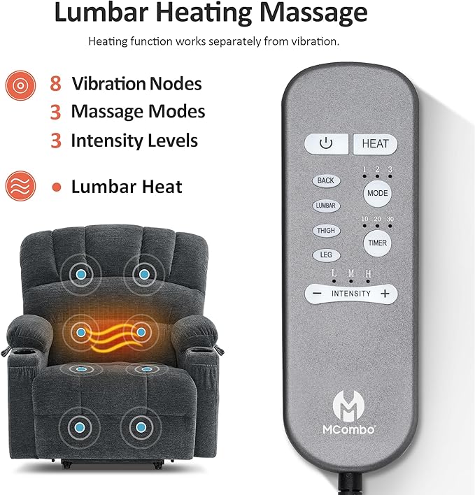MCombo Oversized Power Lift Recliner Chair for Elderly, Lift Chair with Heat and Massage, Lift Recliner for Big and Tall, Cup Holders, USB & Type C Ports, Fabric R7092 (Dark Grey, Oversize)