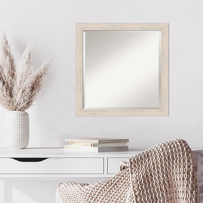 Amanti Art White Wall Mirror 23x23 Hardwood White Wash Narrow Square Bathroom Mirror for Wall Decor Living Room, Medium Country Rustic Wood Frame, Hangs Horizonally and Vertically, Bathroom Decor,
