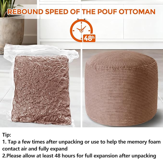 Pouf Ottoman Foot Rest, Comfortable & Soft, Round Footstool for Living Room, Bedroom, Office, Room Decoration, Corduroy Foot Stool Pouf with Odorless & Anti-Clump Filling, Small Brown