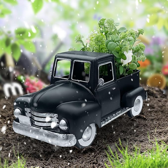 Farmhouse Black Truck Decor, Metal Pickup Farm Trucks Planter Car Model, Vintage Truck Christmas Decoration,Decorative Tabletop Storage