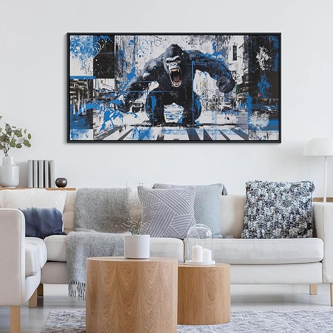 JEAWA Canvas Framed Wall Art, Large 24x48 IN Angry Gorilla Abstract City Street Graffiti Pop Paintings Black and White Modern Picture for Living Room Bedroom Men Teenage Study Home Office Decor