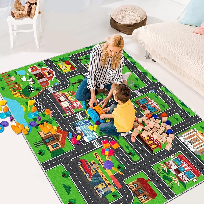 Kids Carpet Car Play Rug, City Life Traffic Road Kids Rug Playmat,Non Slip Children Educational Game Car Mat Area Rug for Playroom Baby Toddler Boys Bedroom Classroom (118X78.7 INCH, Style 1)
