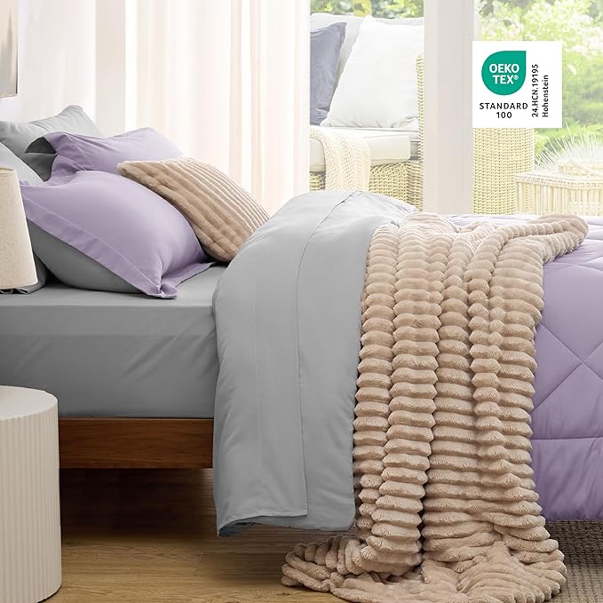 Bedsure Queen Comforter Set - 7 Pieces Reversible Light Purple Bedding, Queen Size Bed Set for All Seasons, Bed in a Bag with Down Alternative Comforter, Sheets, Pillowcases & Shams
