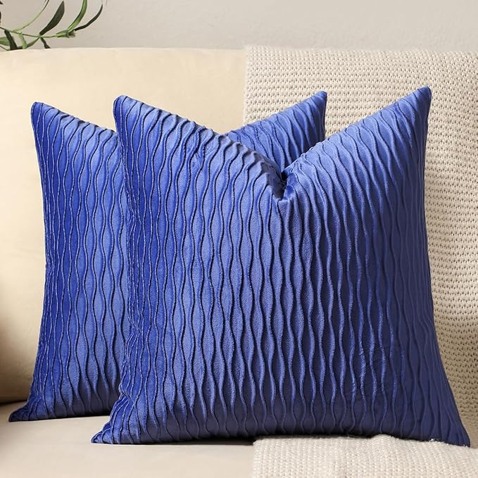 16x16 Blue Throw Pillow Covers: 2 Pack Original Striped Velvet Square Decorative Pillow Cases for Farmhouse Couch