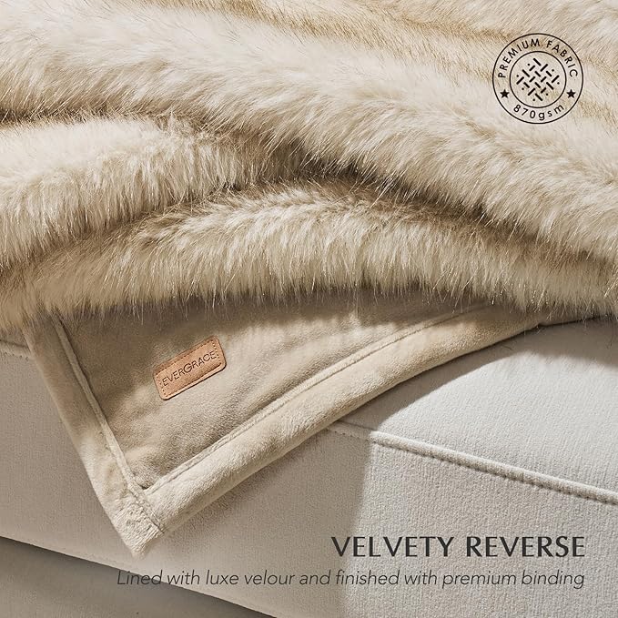 EVERGRACEHOME Luxury Faux Fur Throw Blanket, Soft Fluffy Faux Mink Blankets for Bed, Couch, Sofa, Thick Cozy Plush Warm Fur Throws with Reversible Velvet, Tipped Golden Fox, 60"x80"